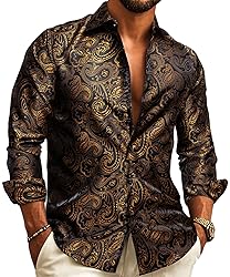 Barry.Wang Black and Gold Men Shirt Silk Paisley