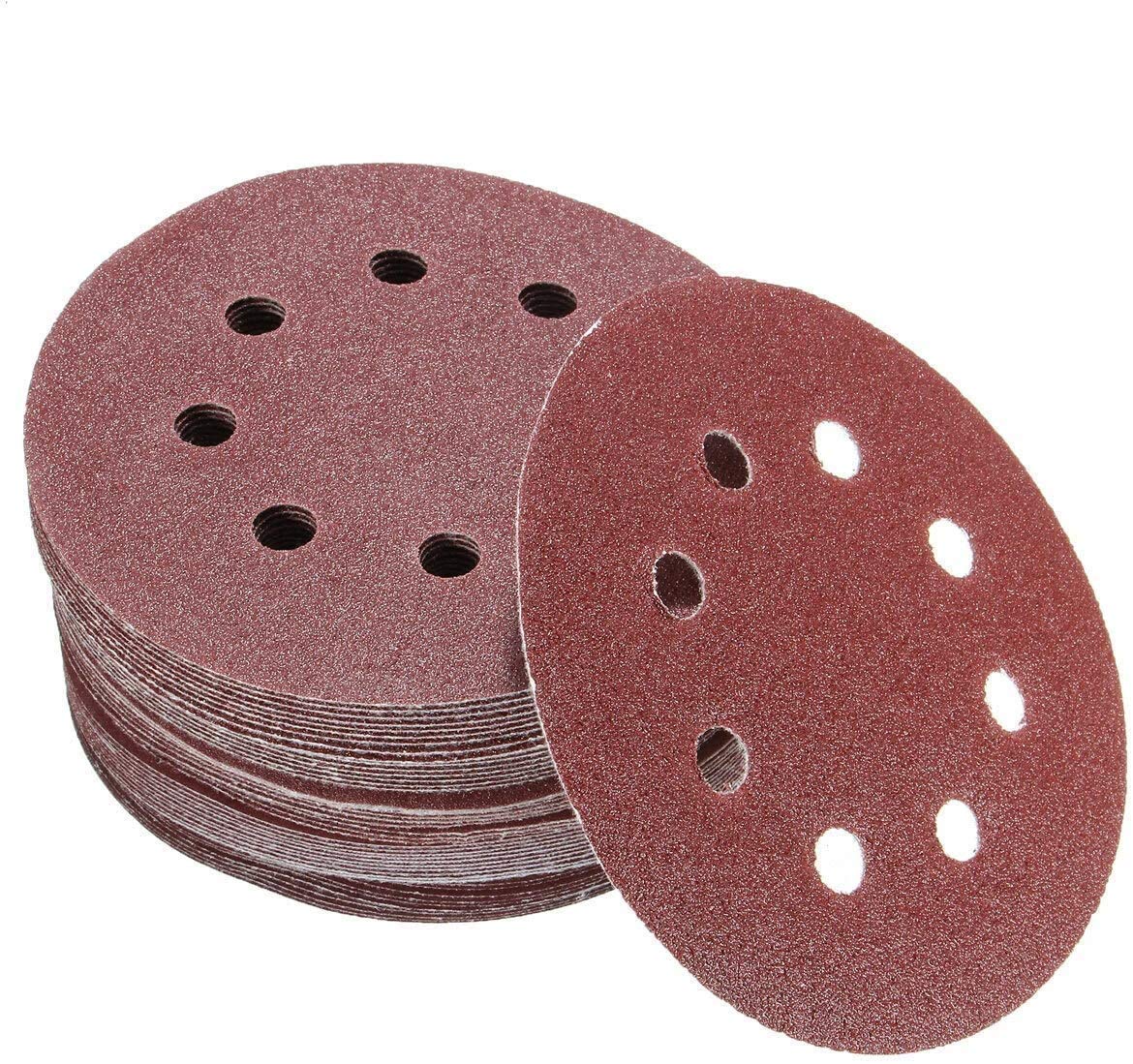 DollaTek 50PCS Sanding Discs Pads, 5-Inch 8-Hole 80-Grit Hook and Loop Aluminium Oxide Sandpaper for Random Orbital Sander