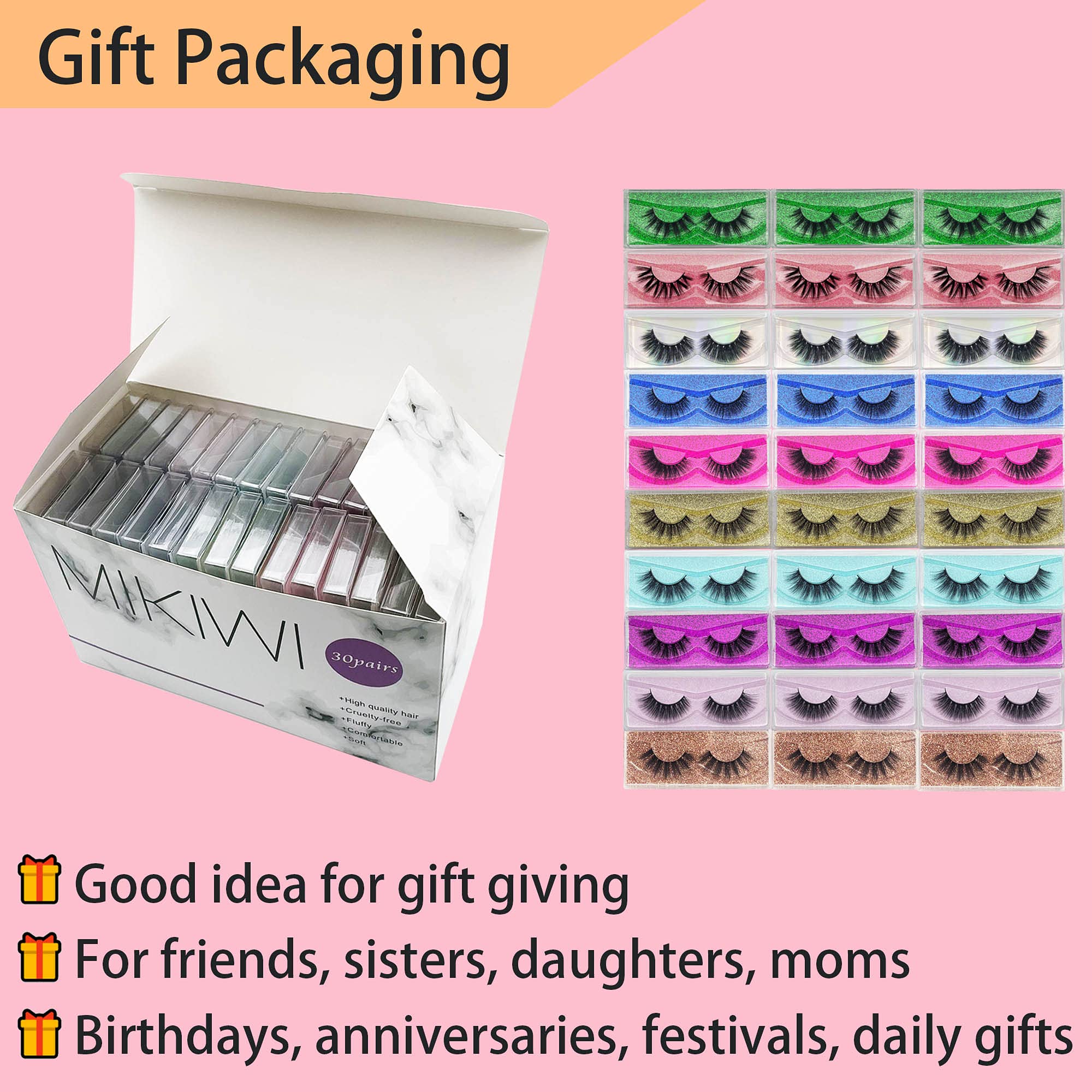 Lashes Bulk Christmas Gifts Mikiwi 30 Pack Eyelashes, 12-20mm 5D Fake Mink Eyelashes Wholesale, Fluffy Natural Volume Eye Lashes, Individual Package Faux Mink Lashes Wholesale