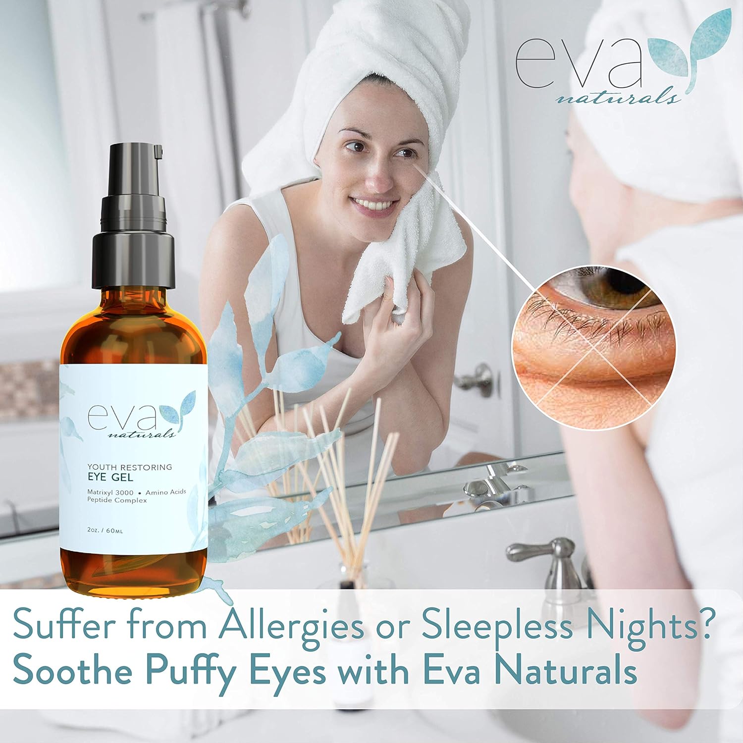 Eye Gel - Larger Size 2 oz Bottle - Best Firming Eye Cream Treatment for Dark Circles, Puffy Eyes, Crow's Feet, Fine Lines & Under Eye Wrinkles by Eva Naturals: Beauty