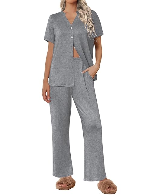 Ekouaer Women Pajamas Set Button Up Pj Sets Short Sleeve Sleepwear with Long Pants Soft Loungewear Middle Grey L