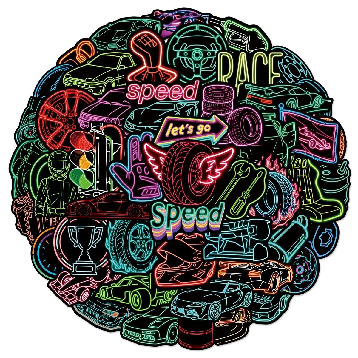 50 PCS Neon Race Car Theme Stickers,Racing Sticker Pack Vinyl Skateboard Guitar Door Laptop Luggage Car Bike Water Bottle Birthday Party Supplies Teens Boys and Girls Decals