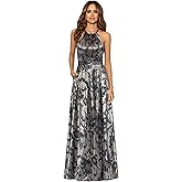 Betsy & Adam Women's Long Sleeveless Halter Metallic Print Wrap Overlay Gown