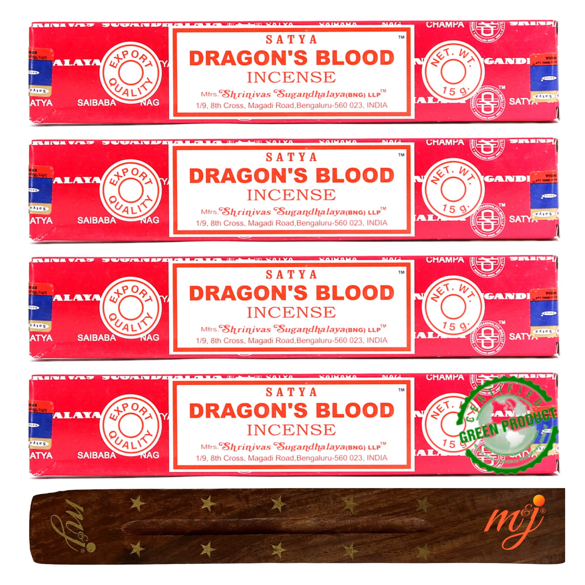 Original Satya Nag Champa Dragon's Blood Incense Sticks | with M&J incense sticks holder | x4 pack | for Aromatherapy, Spa, Yoga, Weddings, Meditation, Healing, Positivity and Relaxation — image 1