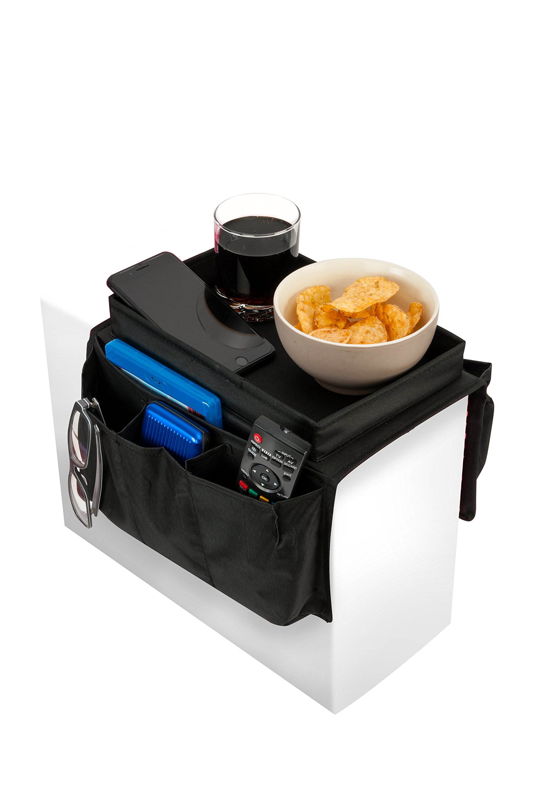 iN HOME Armrest Organiser with Table top for Snacks and Drinks - Sofa Arm Tray with Remote Control Holder - 6 Pocket Easy Access Storage for Books, Glasses, Magazines and Much More!