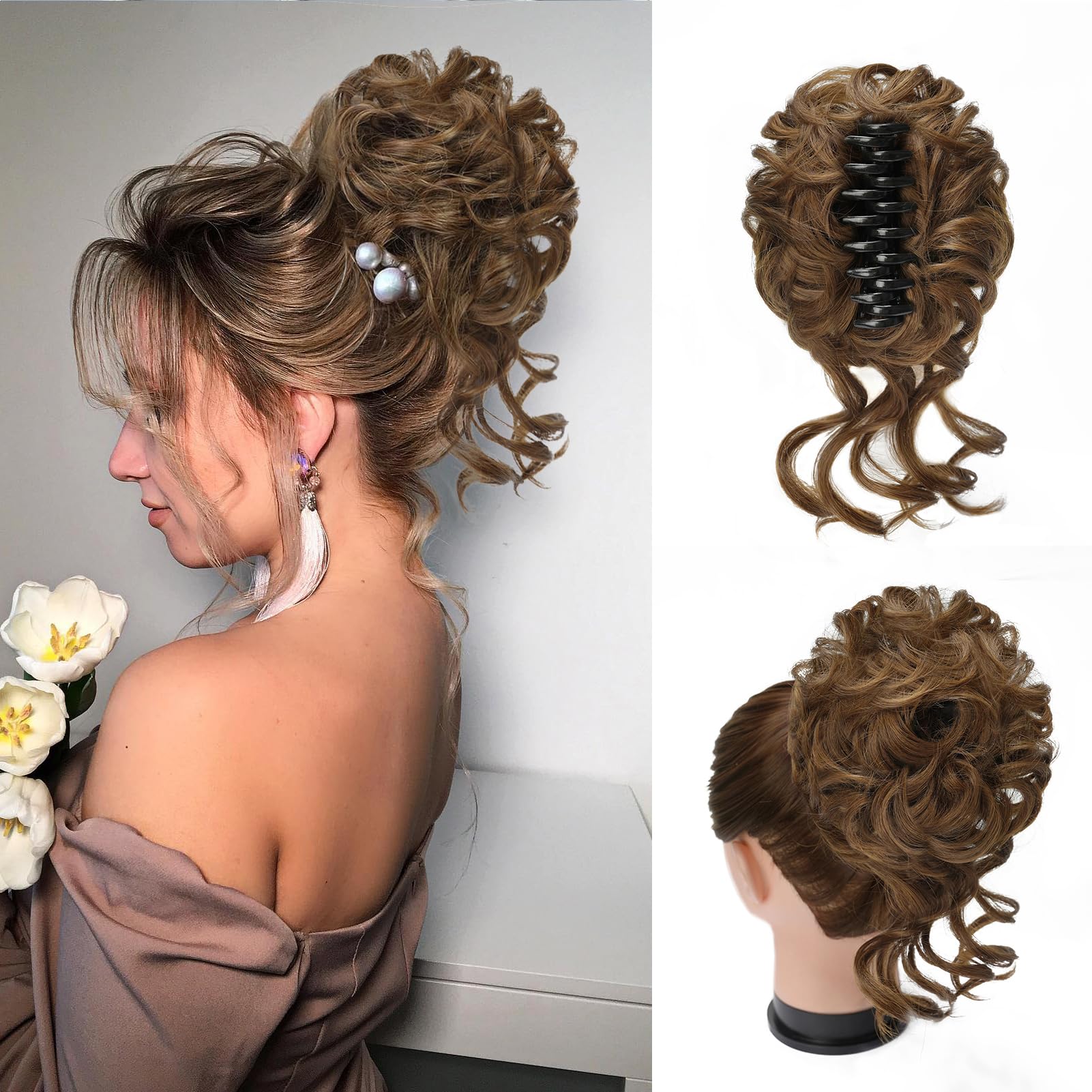 Photo 1 of Foaoit Claw Clip Messy Bun Hair Pieces for Women Messy Wavy Curly Hair Bun Extensions Tousled Updo Bun Hair Clip in Synthetic Hair Bun Ponytail Extension(Medium Golden Brown)