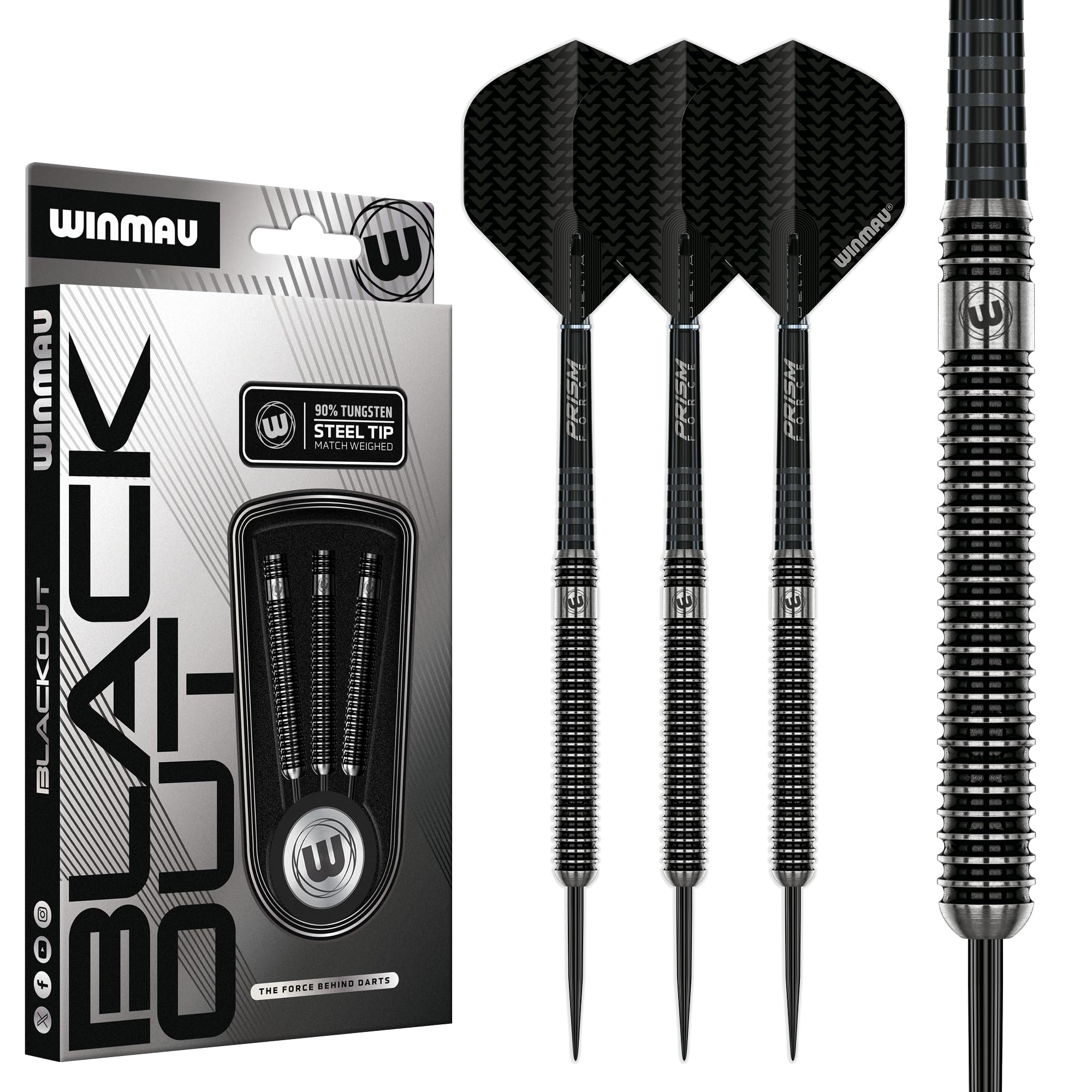 WINMAU Blackout Series 21g Parallel Steel Tip Dart Set | 90% Tungsten Darts - Professional Darts Set with Dart Flights & Shafts