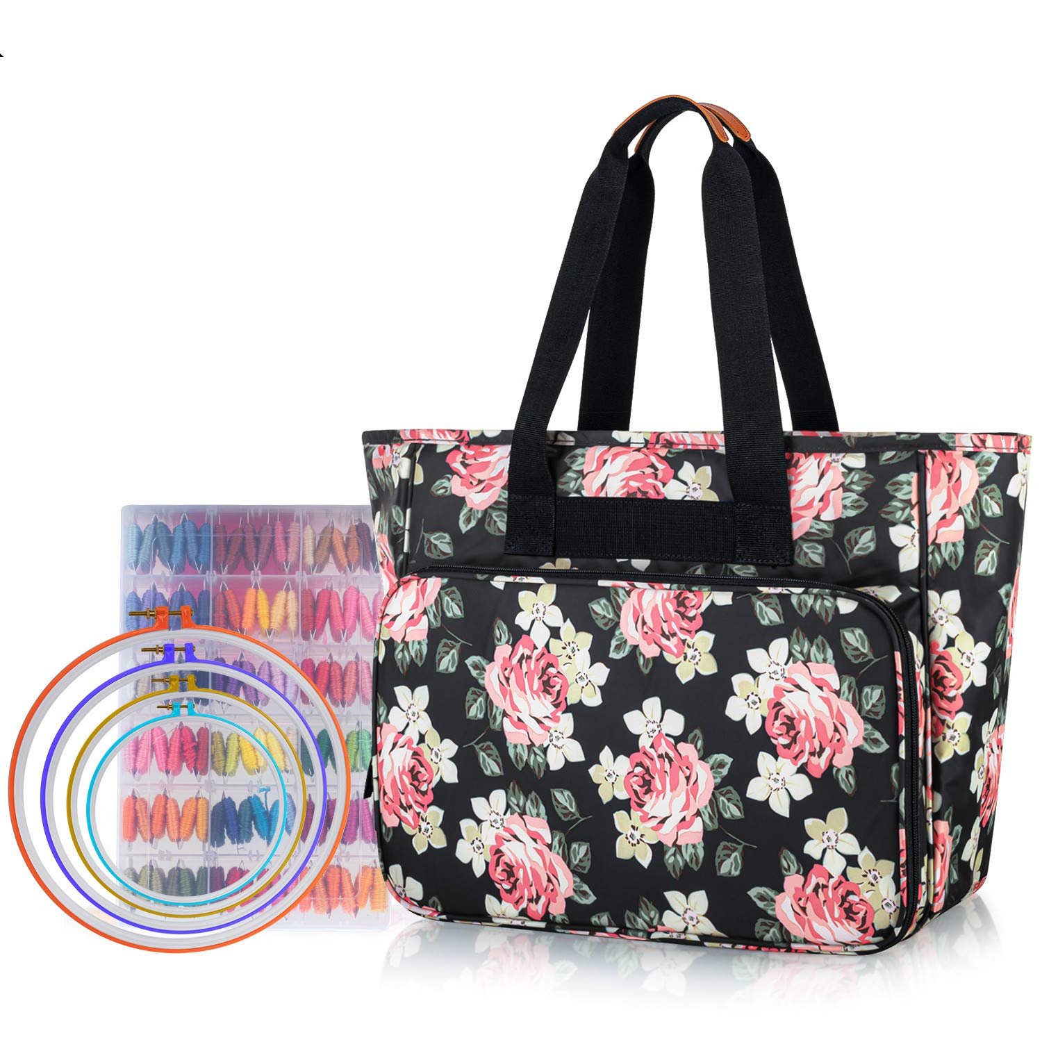 Yarwo Tote Bag for Embroidery Kits, Embroidery Starter Kits Organiser with Multiple Pockets, Embroidery Storage Bag for Embroidery Hoops, Embroidery Floss or Other Supplies, Peony Black (Bag Only)