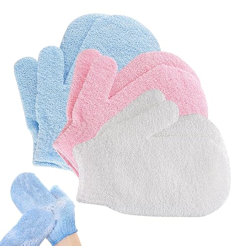 Exfoliating Gloves, 6pcs Bath and Body Exfoliator Mitts, Bamboo Shower Gloves, Scrubs Away Ingrown Hair and Dead Skin, for Shower, Spa, Massage and Dead Skin Cell Remover Loofah (White, Pink, Blue)