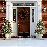 OasisCraft 33 Inch Outdoor Christmas Tree Frosted Urn Filler 2 Set, Pre-lit Artificial Xmas Tree with 50 LED Lights, Realistic Carolina Pine and Berries for Pathway, Porch, Driveway, Yard