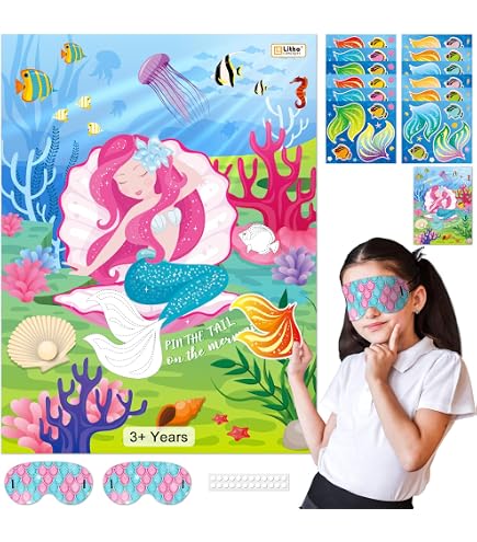 Mermaid 'Pin The Tail' Party Game - Under The Sea Party Supplies With Poster, Stickers, Blindfolds For Kids