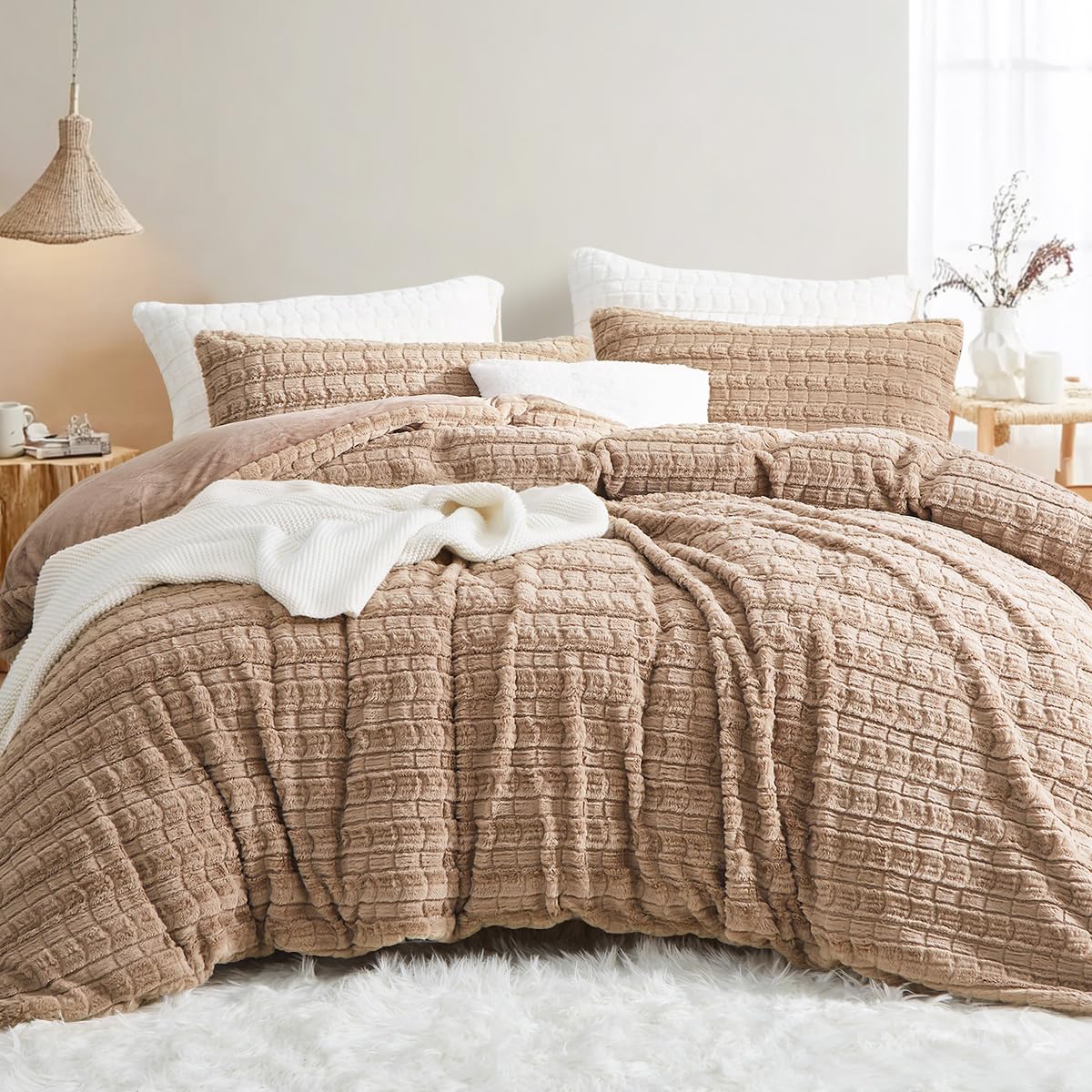 Lanqinglv Plush Bed Linen 135 x 200 cm Faux Fur Khaki Fluffy Winter Bed Linen Warm Cosy Flannel Fleece Cashmere Touch Flannelette Duvet Cover with Zip and 1 Pillowcase 80 x 80 cm