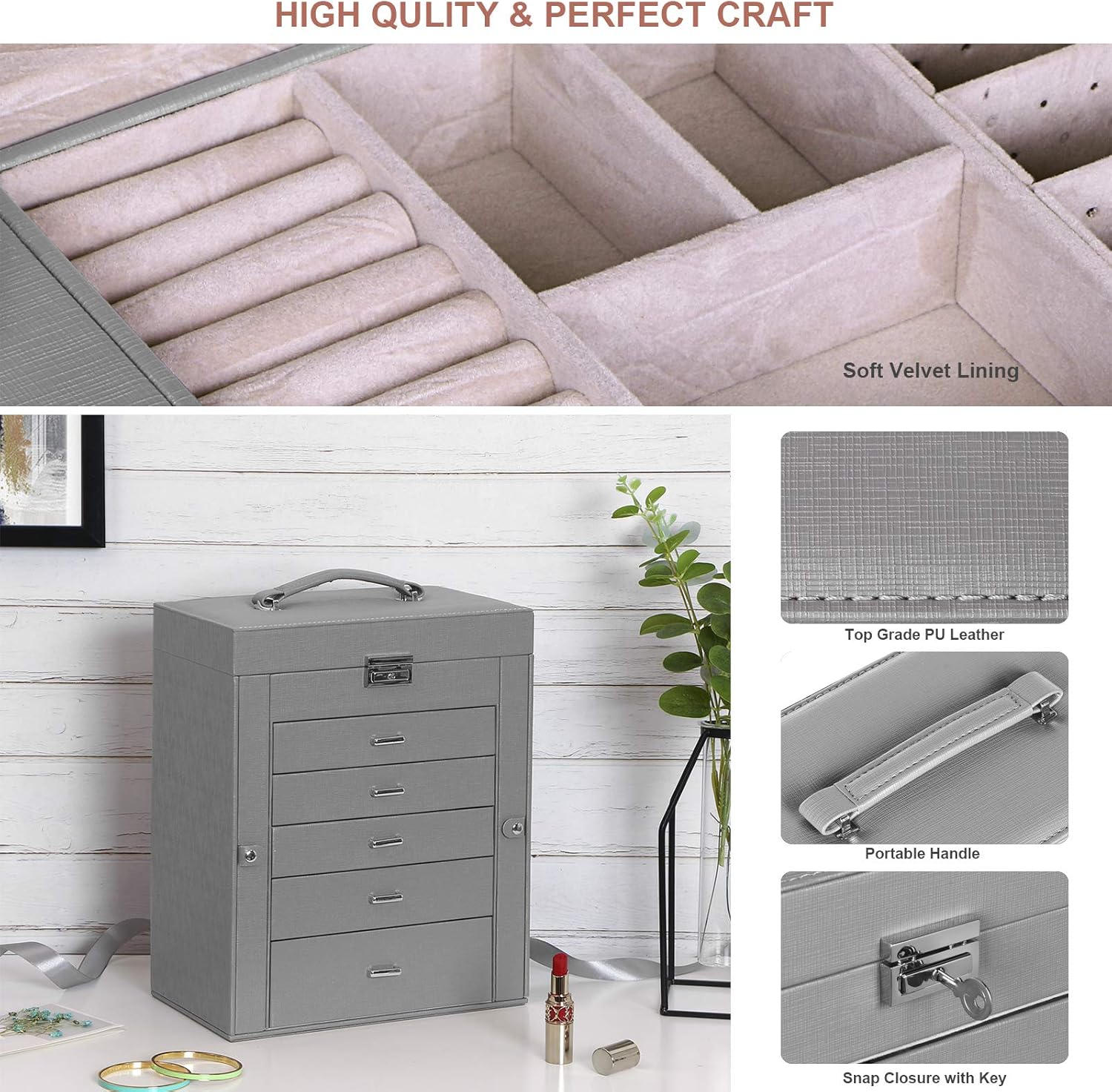 ANWBROAD 6 Tier Huge Jewelry Box Jewelry Organizer Box Display Storage Case Holder with Lock Mirror Girls Jewelry Box for Earrings Rings Necklaces Bracelets Earrings Gift Grey Faux Leather UJJB004H: Home & Kitchen