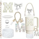 8PCS Stanley Cup Accessories Set for Stanley Cup 30oz 40oz Tumbler with Handle,Including Straw Topper Cover Cap and Boot,Spill Proof Stopper,Handle Charm,Initials Sticker (White M)