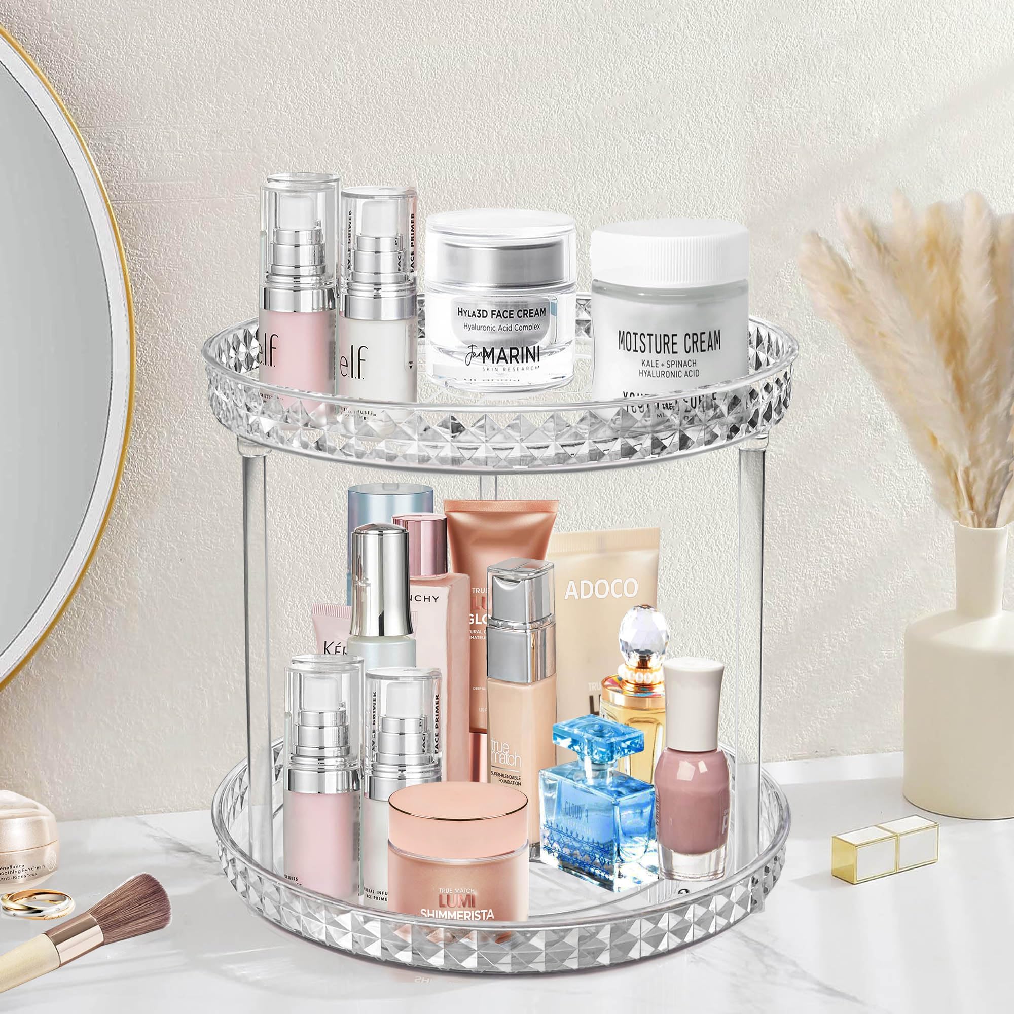 Photo 1 of 2 Tier Diamond Lazy Susan Bathroom Organizer Countertop, Clear 360 Rotating Cosmetic Makeup Organizer for Vanity, Skincare Organizers Perfume Organizer for Counter - Organization and Storage -9.25INCH