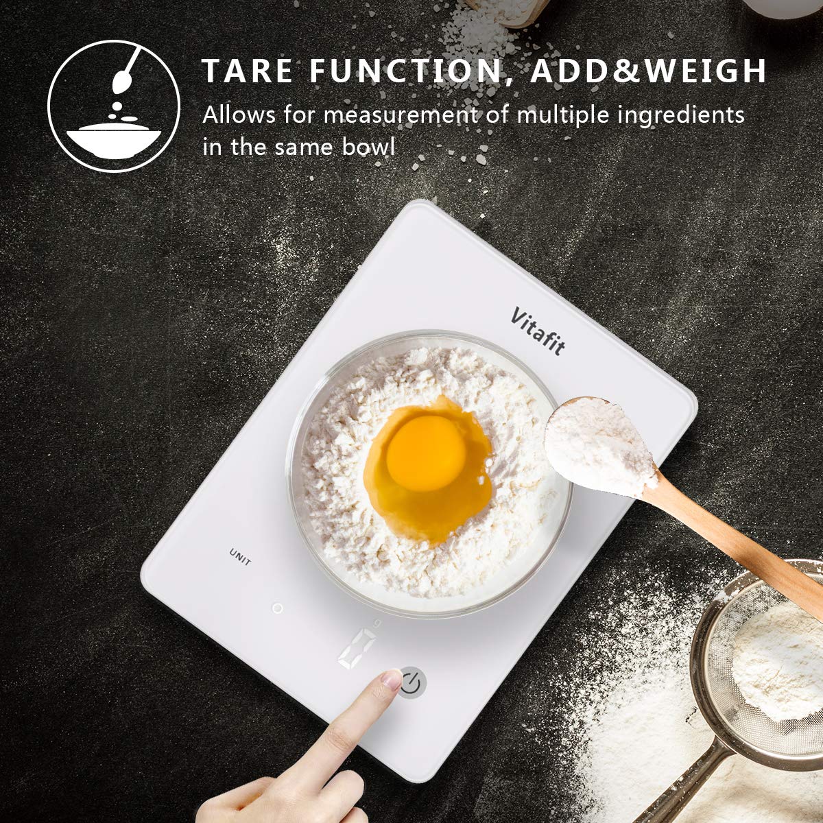 Vitafit Bilance da Cucina Digitale,Grande Capacità 10 kg/Alta Precisione 1g,Bilancia Pesa Alimenti con Piattaforma in Vetro Temperato e Display a LED, Design Ultra Sottile, Bianco Elegante