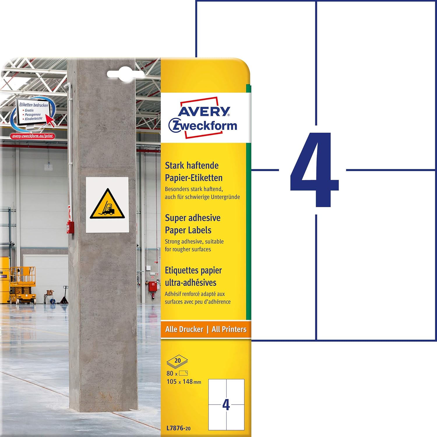 AVERY Zweckform 80 Strong Adhesive Labels, 105 x 148 mm, White, Extra Strong Self-Adhesive, Printable, 105x148mm
