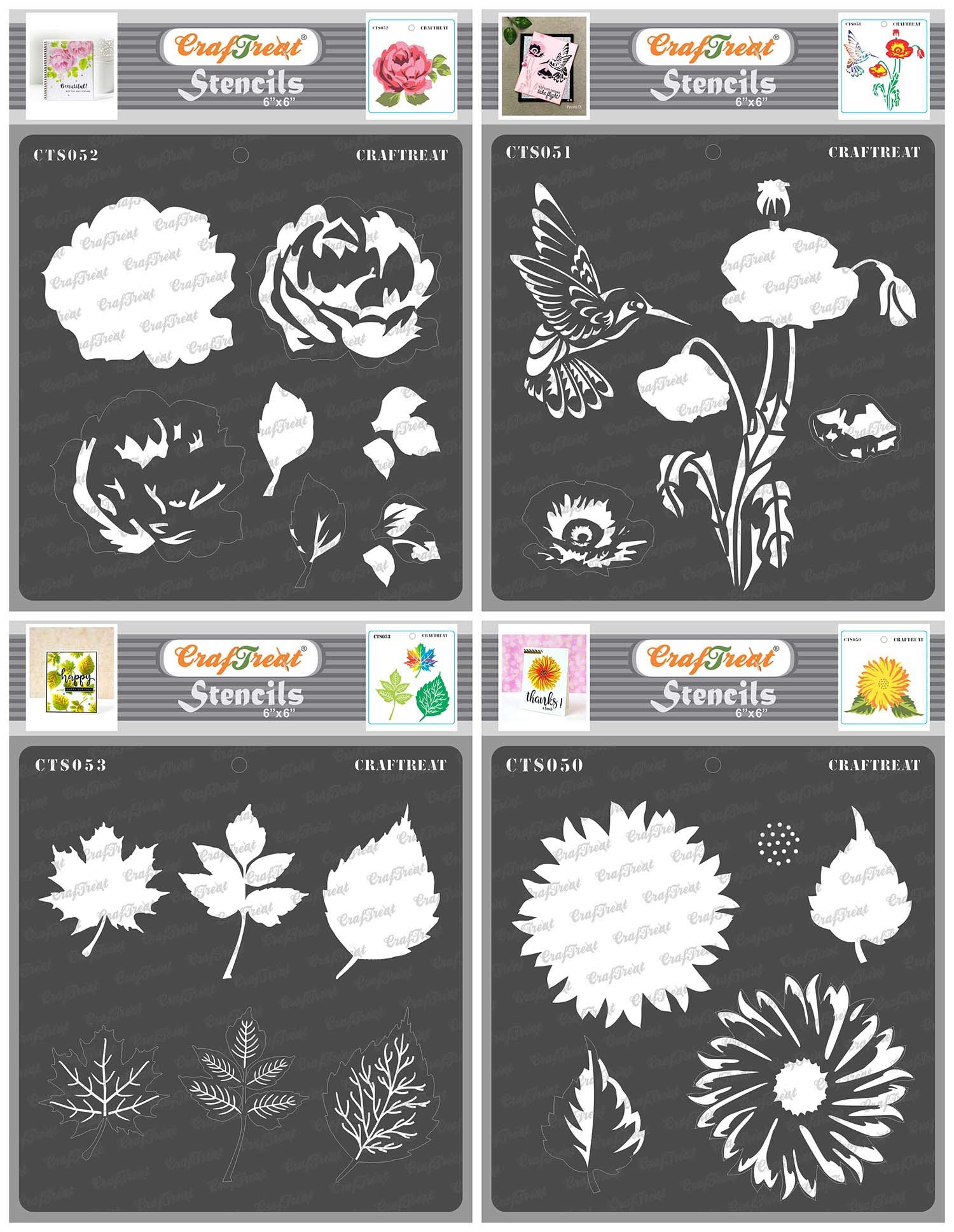 CrafTreat Reusable Flower Stencils for Painting on Wood, Canvas, Paper, Fabric, Floor, Wall and Tile - Rose, Poppy, Sunflower and Leaves - 4 Pcs - 6x6 Inch Each - DIY Art and Craft Stencils