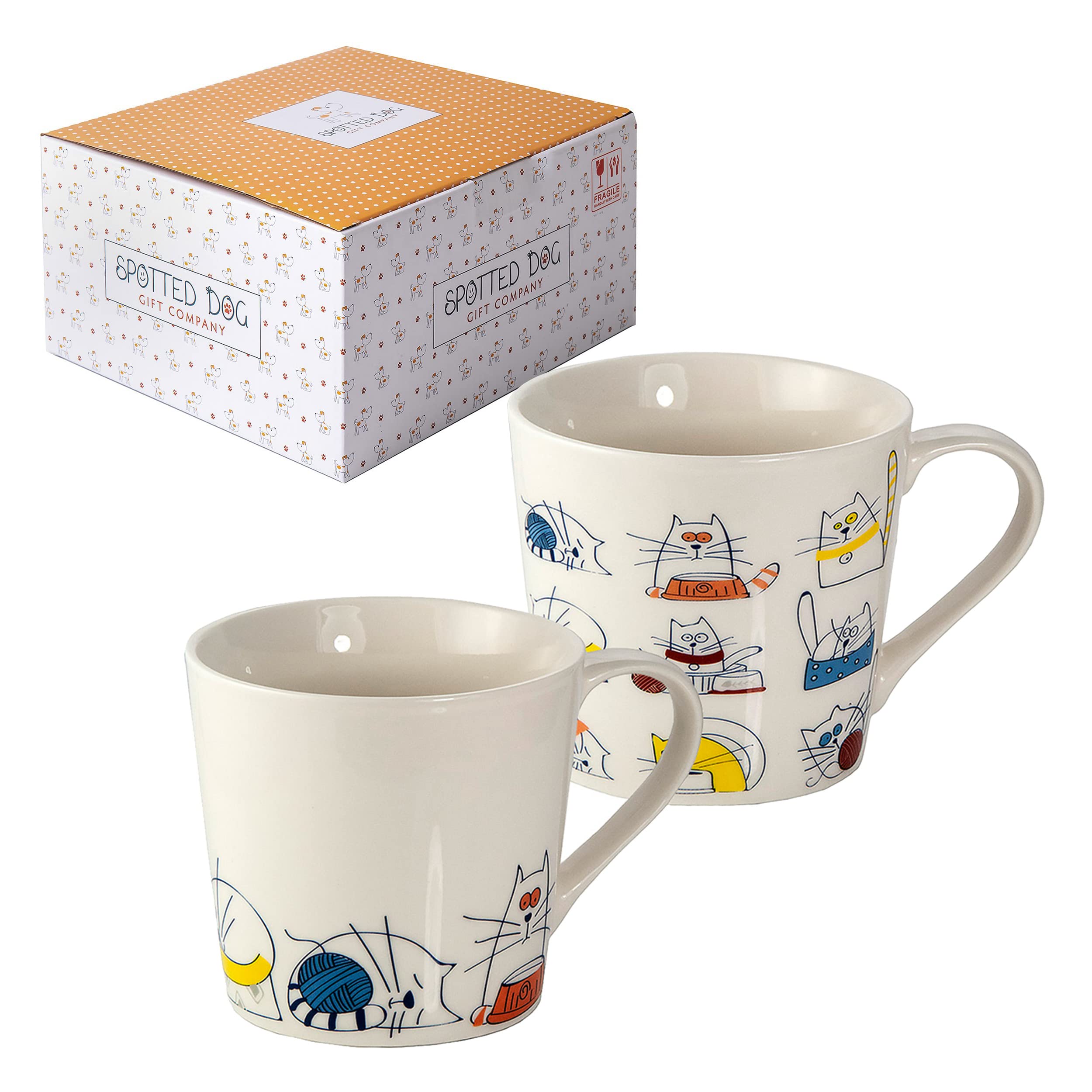 SPOTTED DOG GIFT COMPANY Cat Mugs Set of 2 – 380ml Ceramic China Coffee Mugs & Tea Cups, Funny Cartoon Cats Themed | Cat Gifts for Women, Couple Gifts, Christmas or Birthday Presents