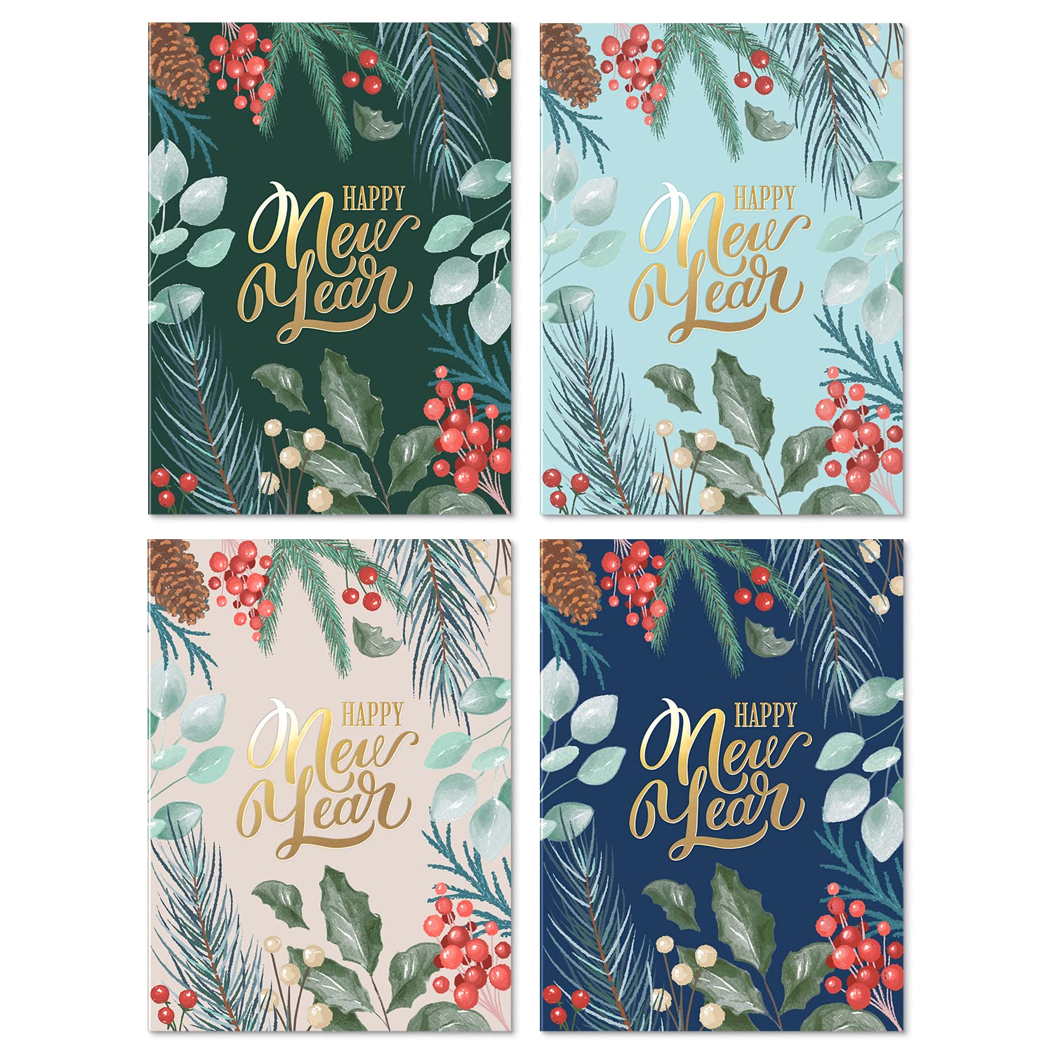 SWEETZER & ORANGE Happy New Year Cards Set with Envelopes - 24 Pack of Thick 300gsm Holiday Decor Sheets, Greeting Cards, Joyful Holidays & Thank You Messages