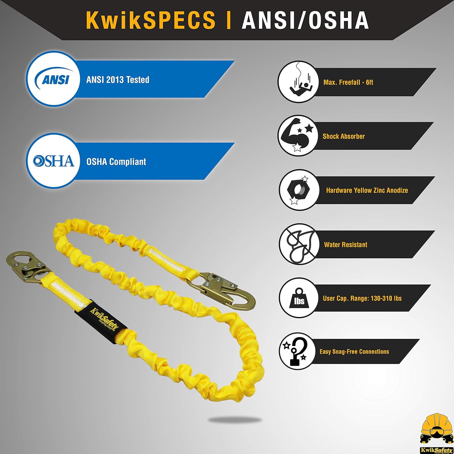 KwikSafety (Charlotte, NC) RATTLER 1 PACK (Internal Shock Absorber) Single Leg 6ft Safety Lanyard OSHA ANSI Fall Arrest Protection Equipment Snap Hooks Construction Arborist Roofing - - 