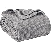 100% Cotton Blankets Queen Size for Bed - Waffle Weave Blankets for Summer, Lightweight and Breathable Soft Woven Blanket for Spring, White, 90x90 Inches (Light Grey, Queen (90" x 90"))