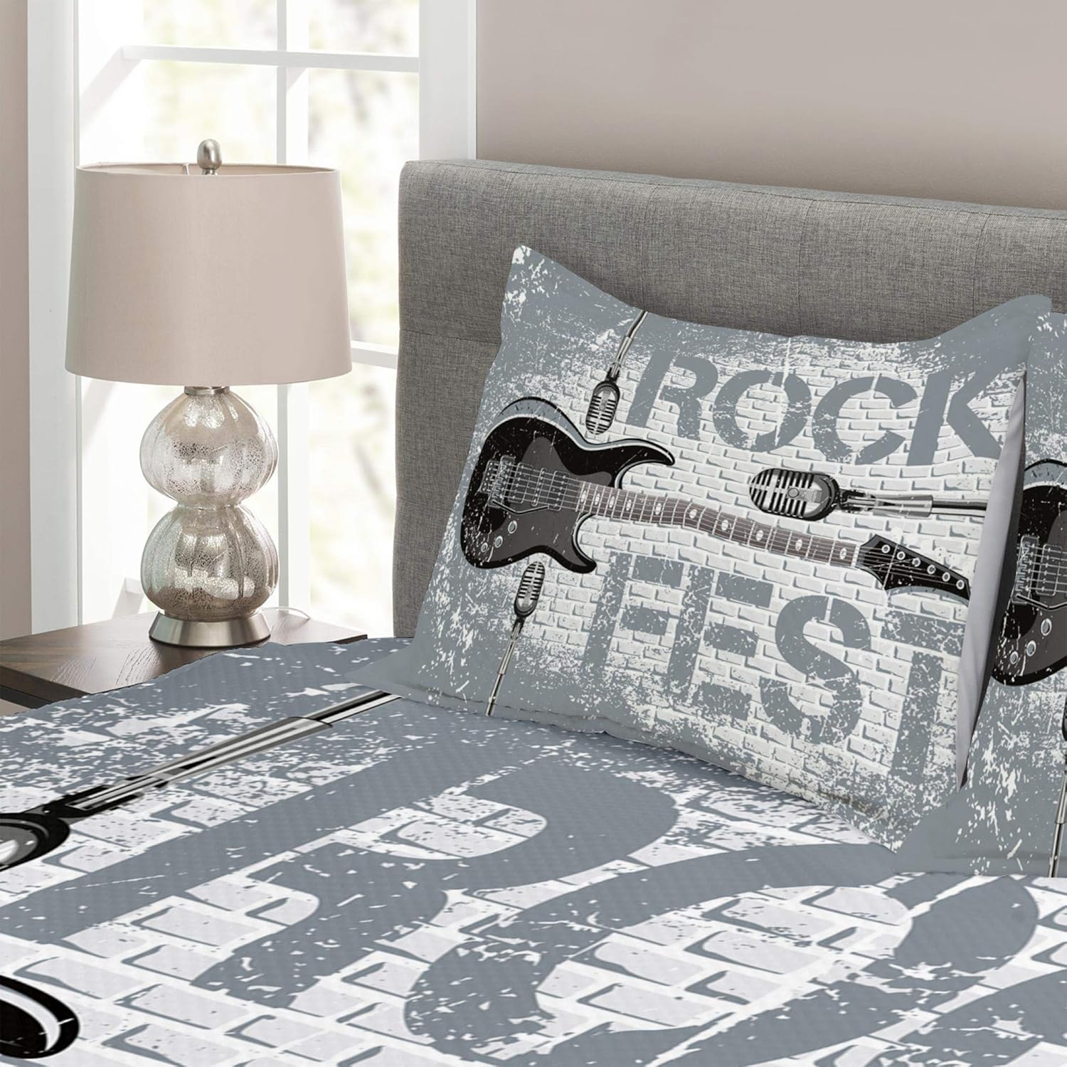 ABAKUHAUS Rock Music Bedspread Set, Guitar on Brick Wall, Decorative Quilted 3 Piece Coverlet Set including 2 Pillow Shams, Grey Black - Image 3