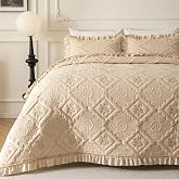 Sobrecamas Queen Elegantes,Queen Floral Quilt Set,Reversible Beige Coverlet | Soft 100% polyester quilt with floral embroidery and scalloped edges for bedrooms,guest rooms and all-season layering