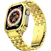 SUPLINK Stainless Steel Case with Band Compatible with Gold Apple Watch Ultra 2 Bands/ 1/ Apple Ultra Watch 3 Bands Men, Metal Rugged Protective Bumper for iWatch Bands 49mm