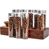 KNODOS Single Dose Coffee Bean Storage Tubes Coffee Bean Cellar 10 Pcs | Dosing Glass Vials With Lids (2 Oz) Wooden Display Stand And Funnel
