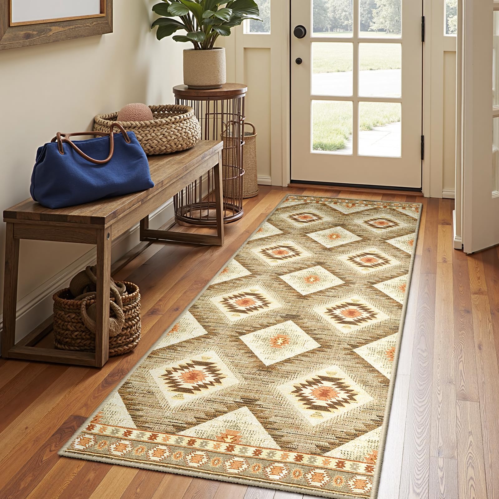 Photo 1 of Area Rug 2x6 Rug Machine Washable Non-Slip Low Pile Print Pattern Western Rug for Living Room Bedroom Entryway Tribal Series -Cream/Camel