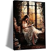 Victorian Woman Reading Wall Art Dark Academia Wall Decor Moody Bookish Poster Vintage Classic Girl Read In Window Canvas Prints Painting Picture Gift for Library Bedroom Living Room12x16Inch Framed