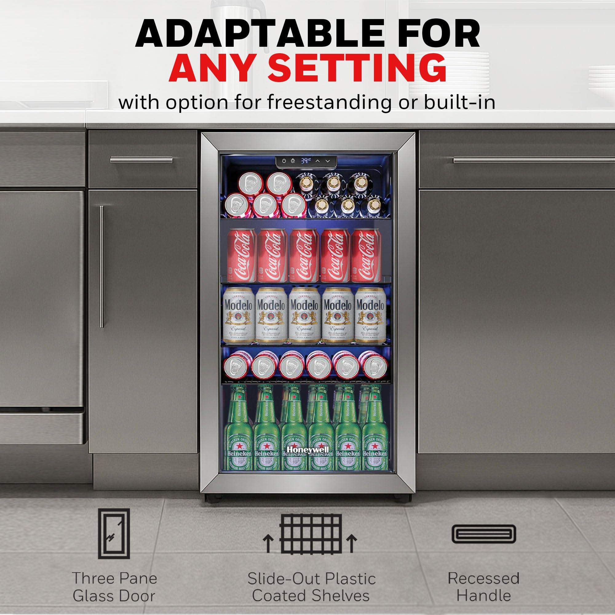 Honeywell Beverage Refrigerator and Cooler, 116 Can Mini Fridge with Glass Door for Soda Beer or Wine for Office or Bar with Adjustable Removable Shelving, Commercial Grade