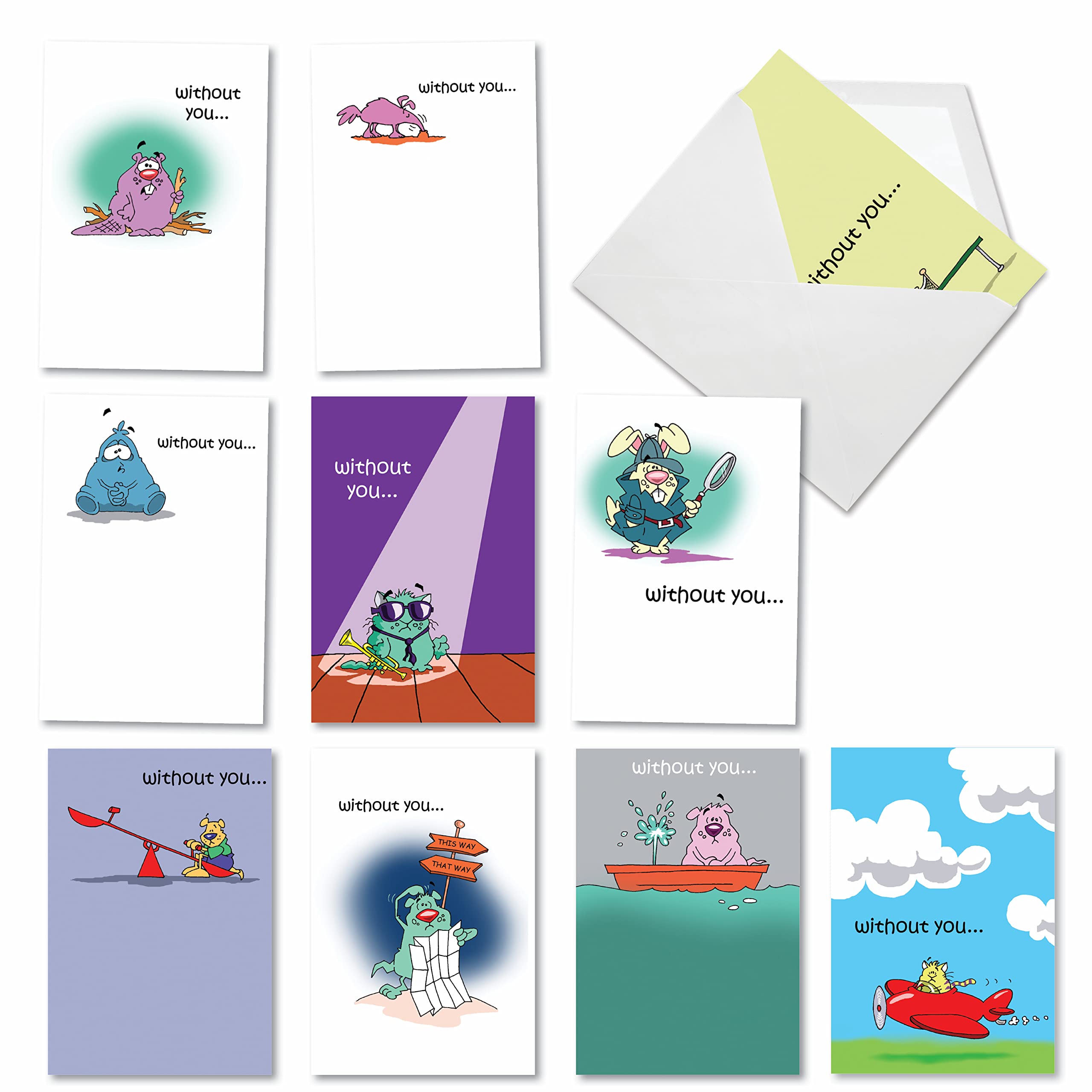 NobleWorks - 10 Funny I Miss You Cards Assorted Set Boxed Stationery Notecards w/Envelopes, Humor Friendship Cartoon Greetings - Missing You A2666MYG