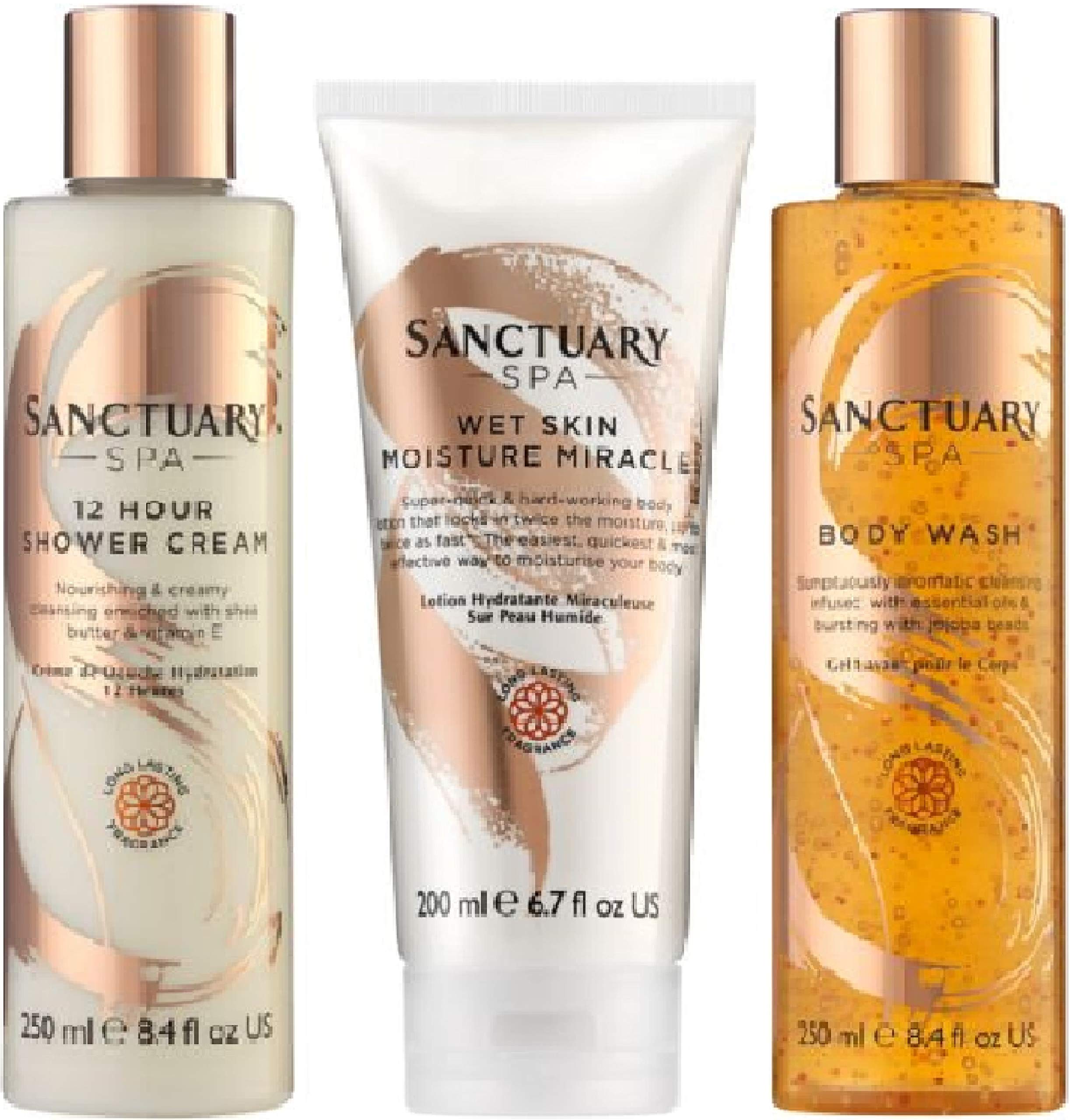 (Pack of 3) Sanctuary Spa 12 Hour Shower Cream x 250ml & Sanctuary Spa Wet Skin Moisture Miracle x 200ml & Sanctuary Spa Body Wash x 250ml