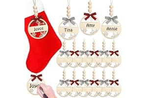 WOANGER 12 Pcs Christmas Stocking Name Tags Wooden Name Tags for Stockings Buffalo Plaid Hanging Ornaments Rustic Christmas Tree Ornaments(Black White, Red Black)