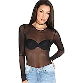 Floerns Women's Long Sleeve Slim Fit See Through Sheer Mesh Top