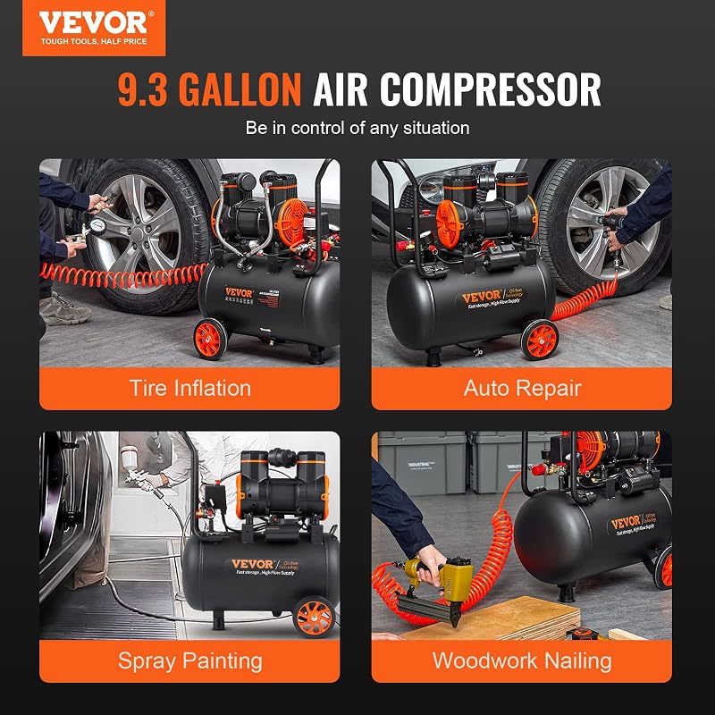 Compresseur à Air Silencieux 35 L Réservoir Compresseur d'air sans Huile 1800 W 2,5 CV 8,7 m3/h à 6,2 Bar 70 DB pour Réparation Automobile Gonflage Pneus Peinture au Pistolet Clouage Menuiserie