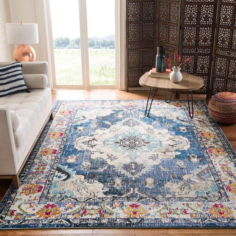 Safavieh Monaco Collection MNC243F Bohemian Chic Medallion Distressed Area Rug, 11' x 15', Navy/Light Blue