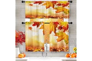 Culudea Fall Leaves Kitchen Curtains Maple Leaf Autumn Harvest Orange Window Curtains Valance and Tier Set 36 Inch Rod Pocket Short Tier Curtain for Room, Cafe Kitchen Decor