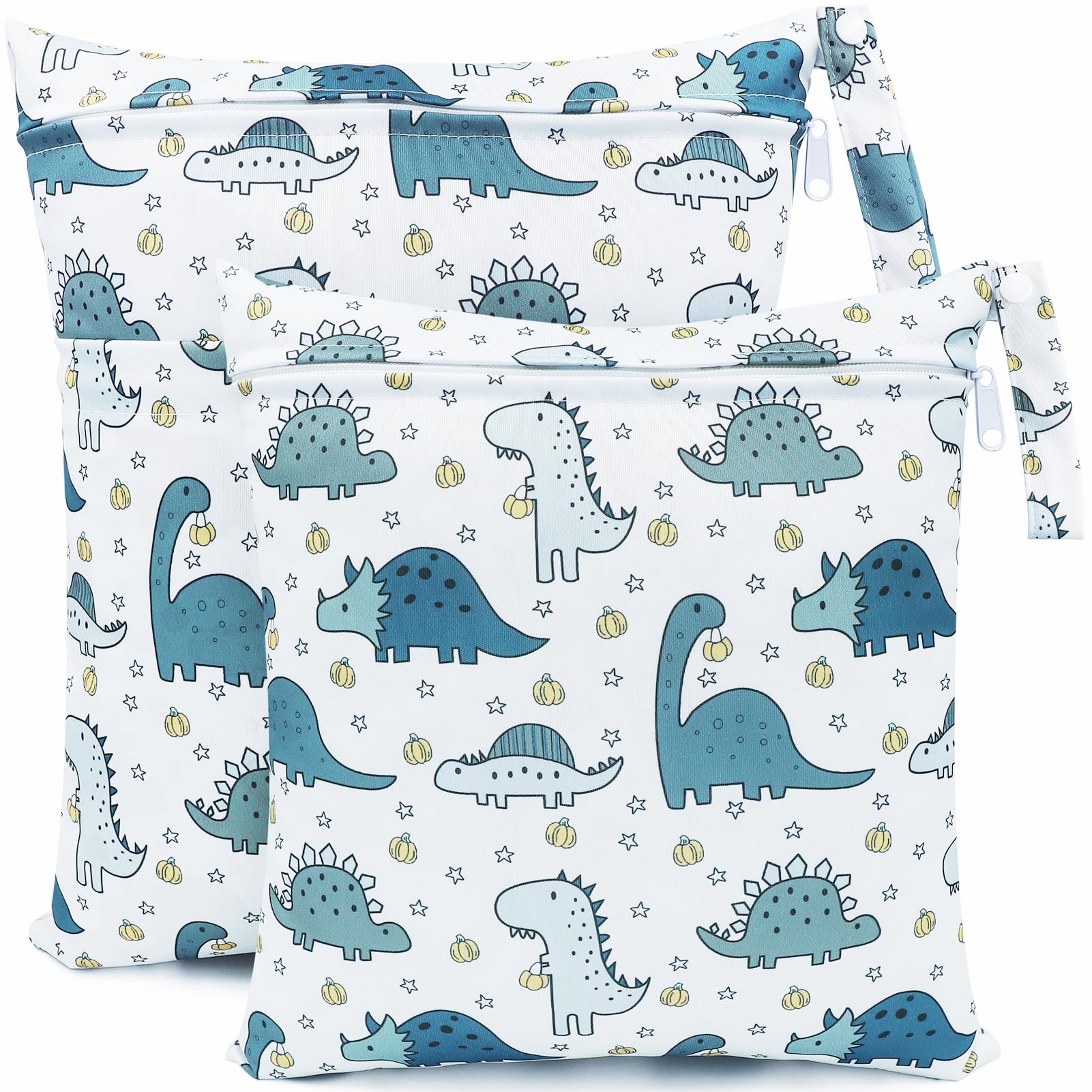 FenFang Wet Bag, 2 PCS Wet Dry Bags for Cloth Diapers Nappy Daycare Organiser Storage Bags, Waterproof Washable Reusable Zipper Bag (White Dino)