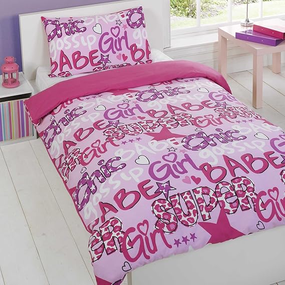 Kids Graffiti Babe Chic Childrens Girls Boys Pink Cerise Single Bed Size Duvet Cover Quilt Set