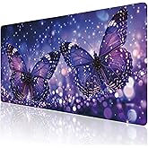 Extended Large Gaming Mouse Pad, Sparkling Purple Butterflies Large Desk Mat for Desktop, Non-Slip Rubber Base Stitched Edges Long Computer Keyboard Desk Pad Mouse Mat for Home Office 35.4"X15.7"