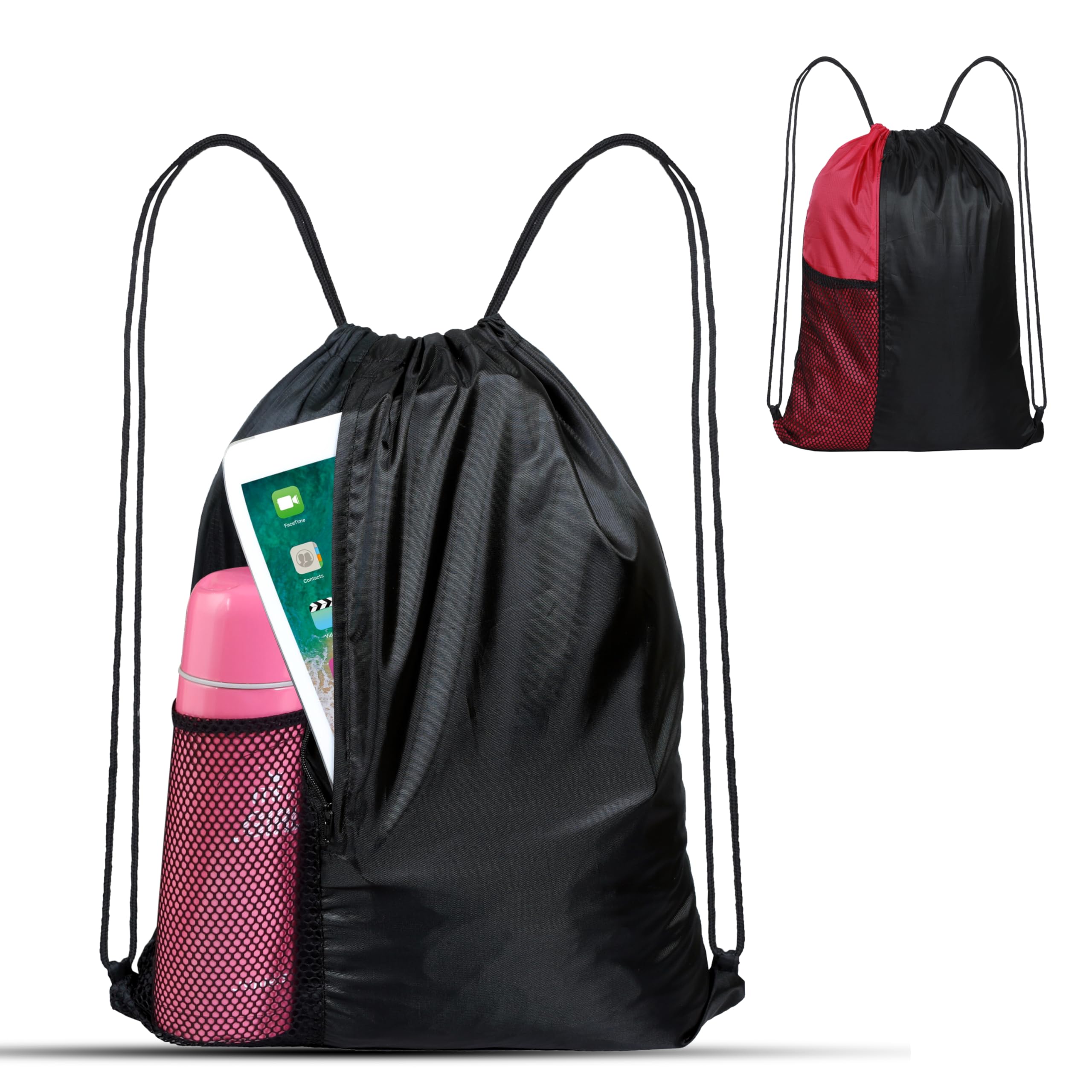 HHH Drawstring Bag Boys Girls Kids Swim Gym Sack Dance PE Shoe Sport Backpack (Red Black)