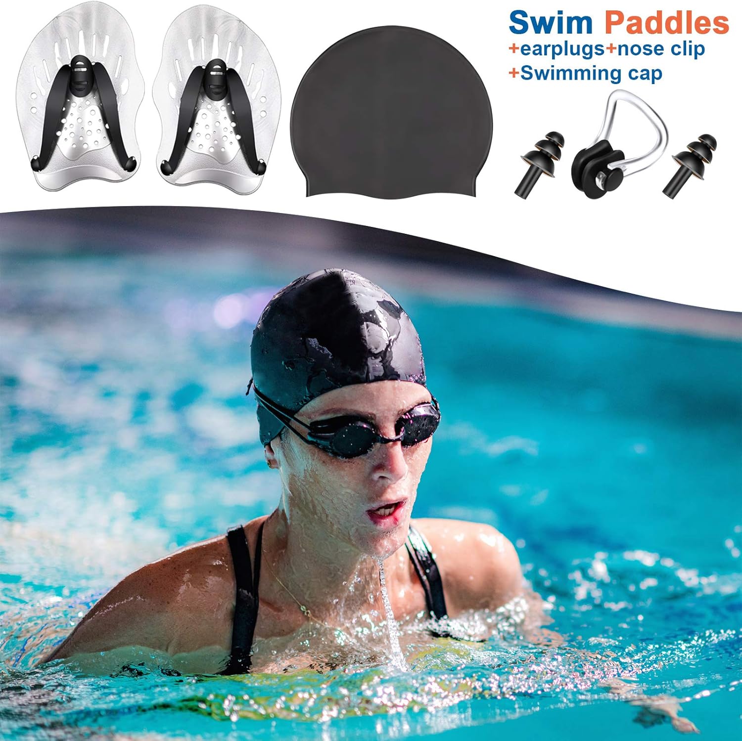 Skylety Swimming Hand Paddles, Swim Training Paddles with Adjustable Straps Contour Hand Paddles with Black Swim Cap, Swim Earplugs and Swimming Nose Clip for Adults and Kids : Sports & Outdoors