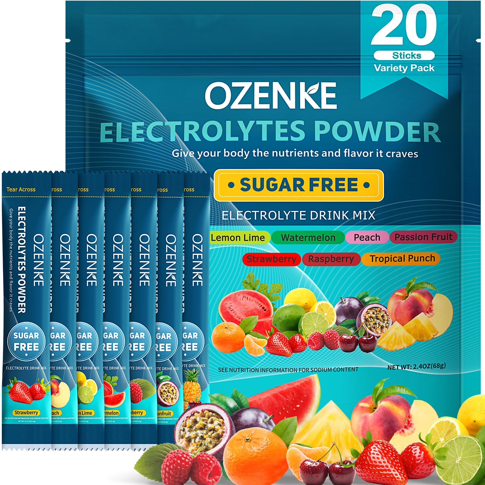 Photo 1 of *4/16/2027* OZENKE Electrolytes Powder Packets, Hydration Packets, Electrolytes Powder No Sugar, Portable Electrolyte Drink Mix for Rapid Hydration, Sugar Free & Low Sodium | 0 Calorie | 7 Flavors | 20 Sticks