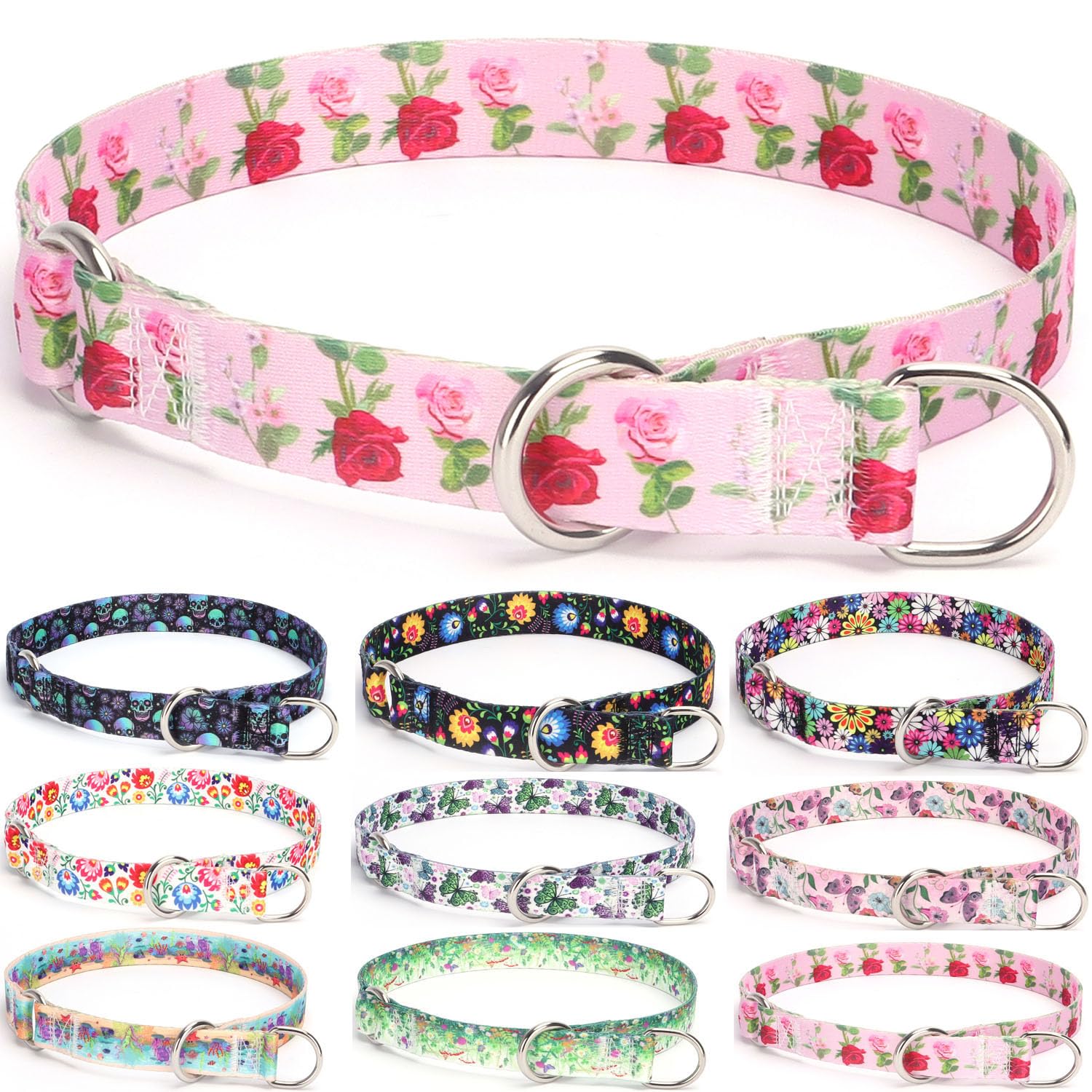 haoyueer Training Dog Collar, No Pull Martingale Collar, Slip Collar with Slidable Stop Ring for Small, Medium, Large Dogs (M, Roses)