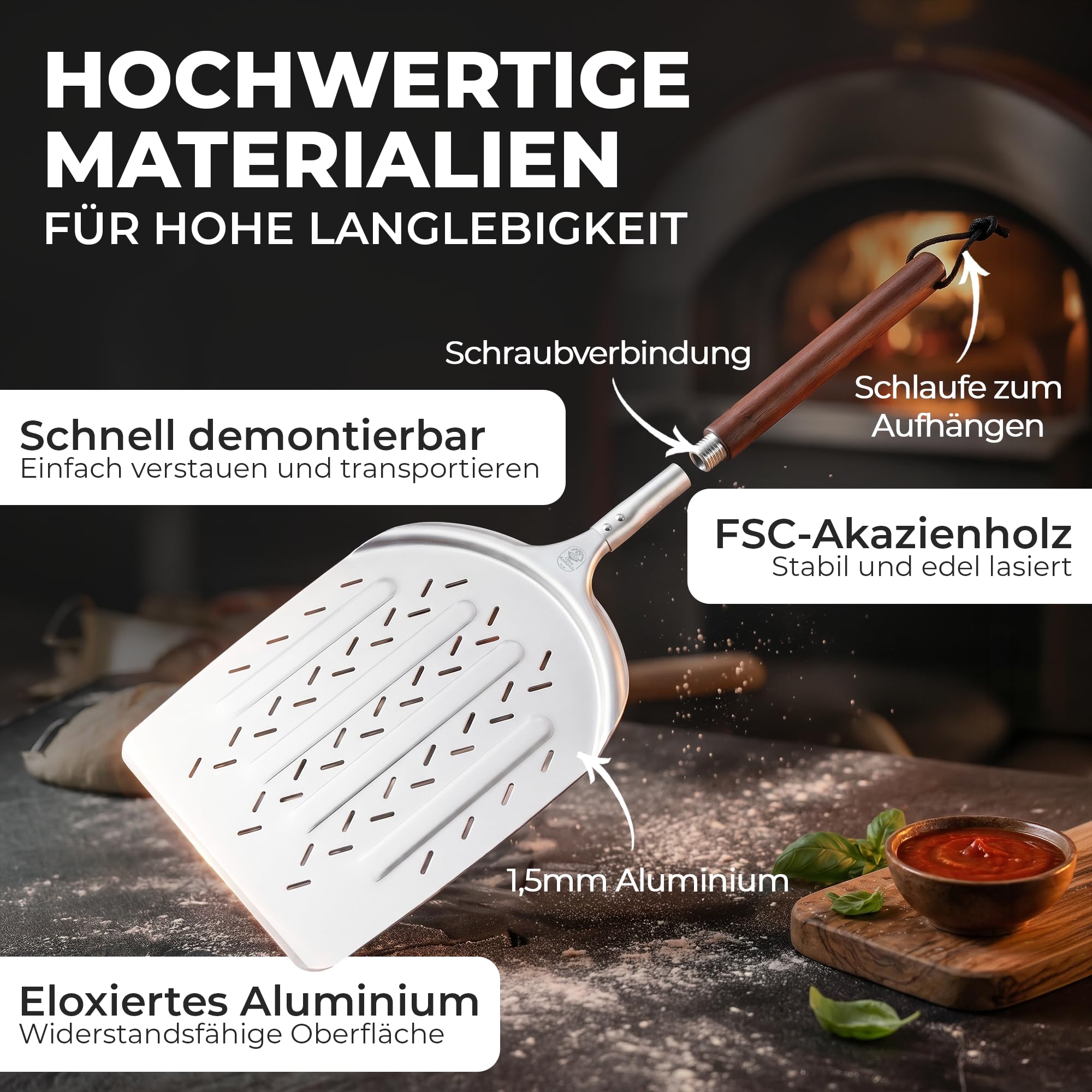 OfenMomente® Pizzaschieber 12 Zoll (30 x 30 cm) - perforierte Pizzaschaufel aus eloxiertem Aluminum mit Akazienholzgriff - Leichter Pizzaheber für Pizzaofen, Gasgrill, Steinofen, Backofen & Grill 5