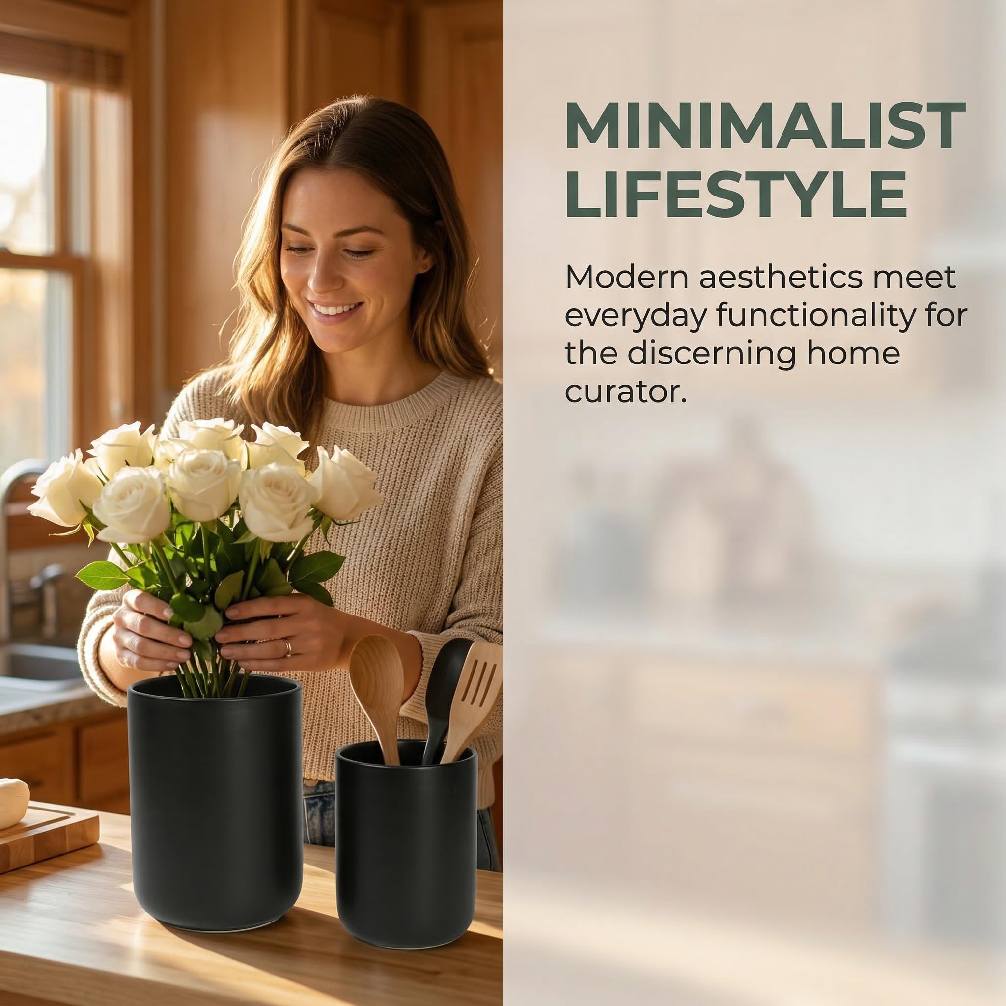 Vunanvu 2 Stück Küchenutensilienhalter Schwarz Utensilienhalter Keramik Küchentheke Behälter für Küchenutensilien Halter Leicht zu Reinigen Küchenhelfer Aufbewahrung für Löffel Spateln Messern Gabeln 5