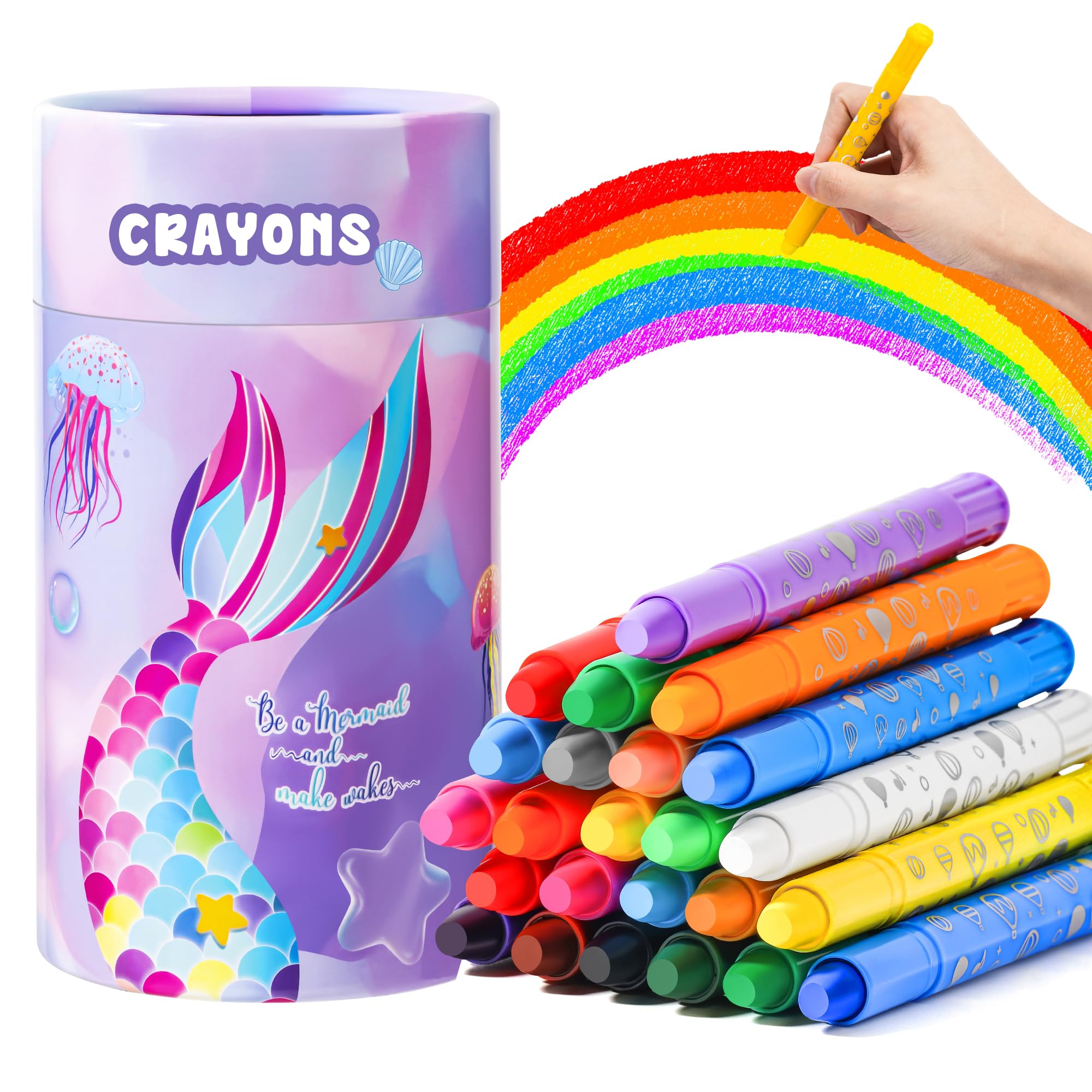 JYPS Washable Crayons for Toddlers, 24 Colors Silky Crayons Set with Mermaids Pen Holder, Non Toxic Safe for Children Ages 1-3, Drawing Colouring Crayon Set for Girls Back to School Birthday
